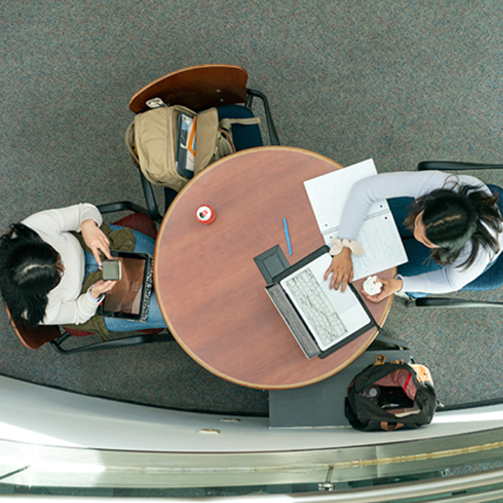 Graduate students study together in a shared campus space. The SPA Graduate Lounge opens February 16 in Adams Humanities.